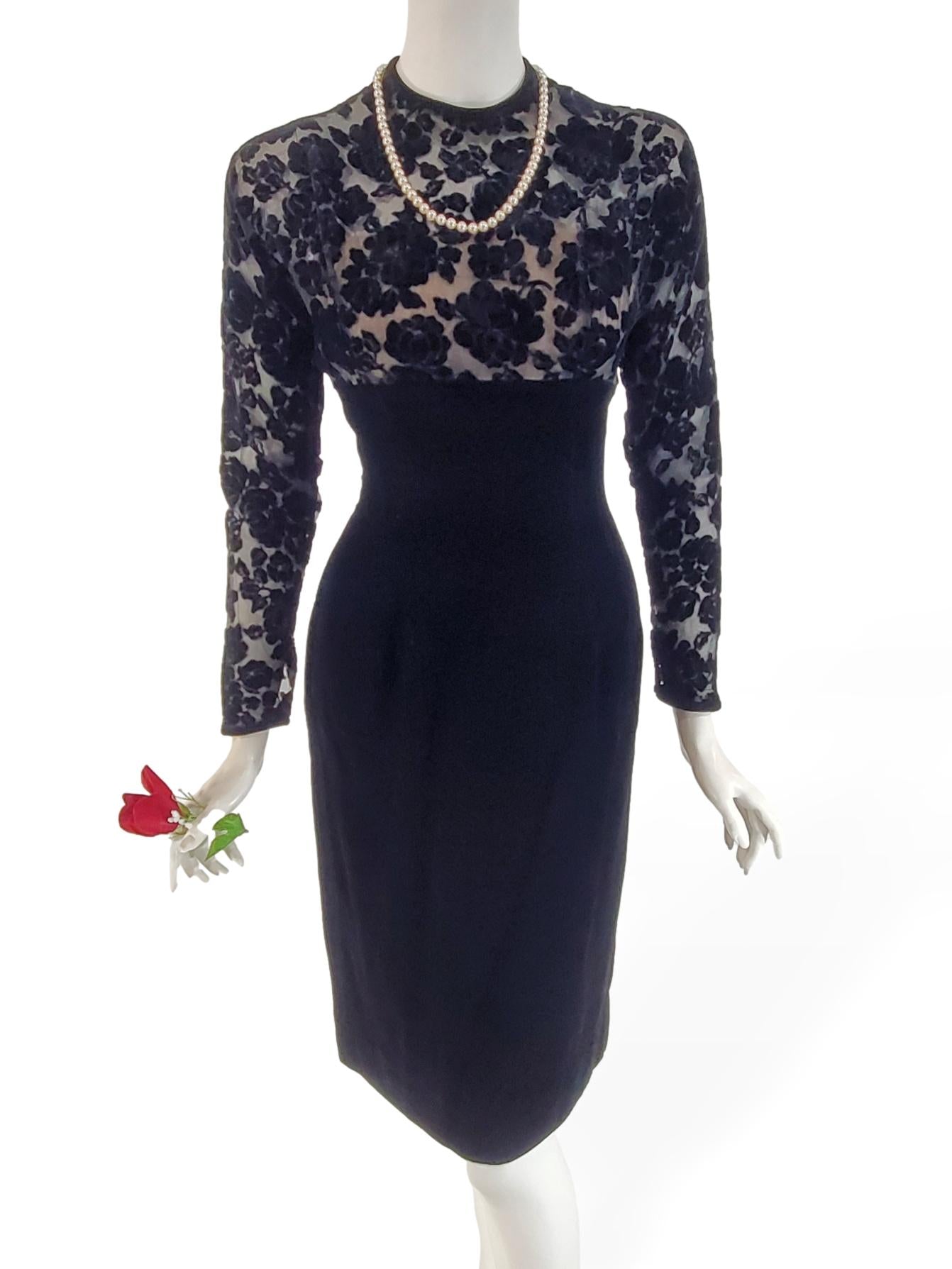 50s Black Velvet Long Sleeve Sheath Dress With Burnout Roses Better Dresses Vintage 50s Black Velvet Long Sleeve Sheath Dress With Burnout Roses Better Dresses Vintage