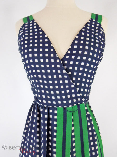 60s/70s NOS Navy Blue + Green Maxi Sundress - close