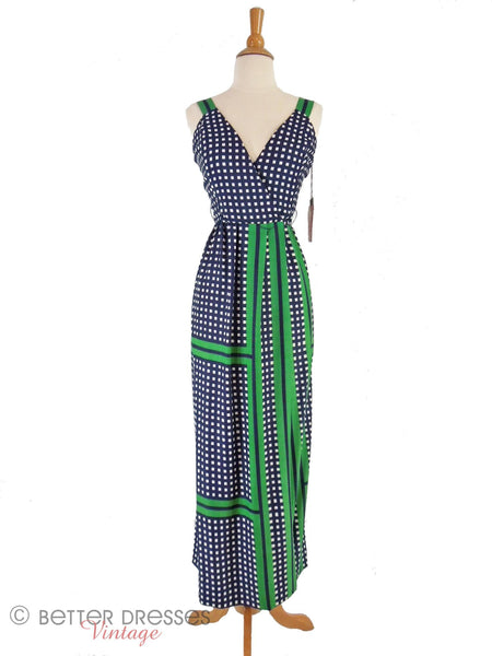 60s/70s NOS Navy Blue + Green Maxi Sundress - front