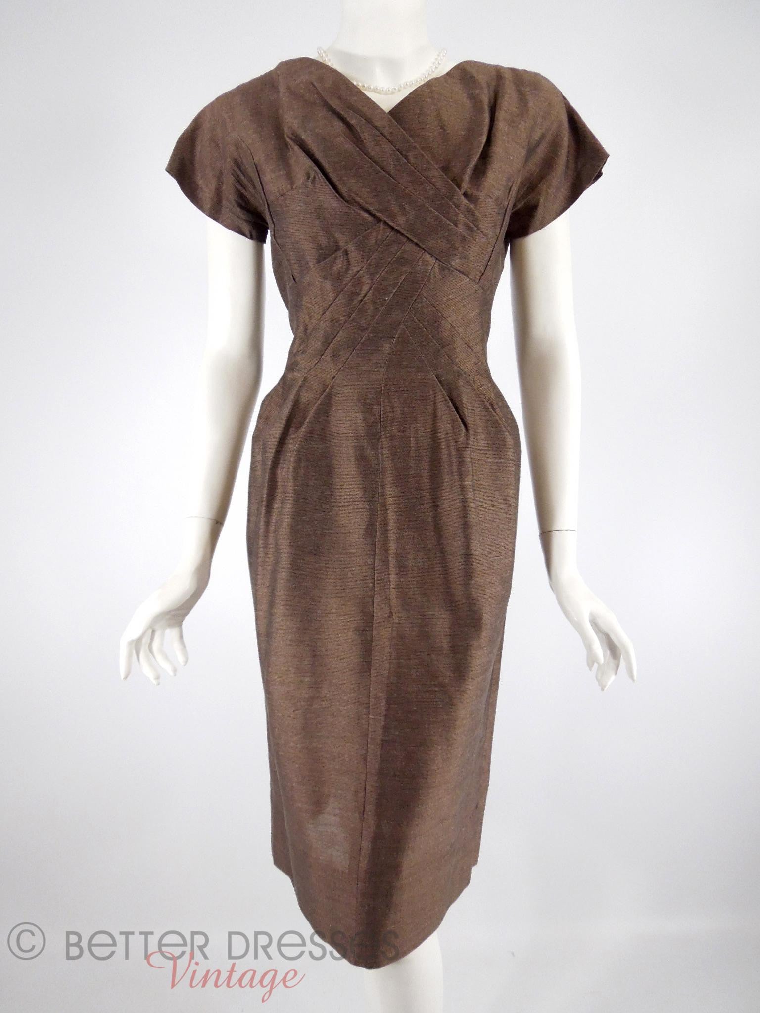 Vintage 1950s Brown Cocktail Dress Tiny Stripe Silk Wiggle Sheath - med Better Dresses Vintage Vintage 1950s Brown Cocktail Dress Tiny Stripe Silk Wiggle Sheath - med Better Dresses Vintage