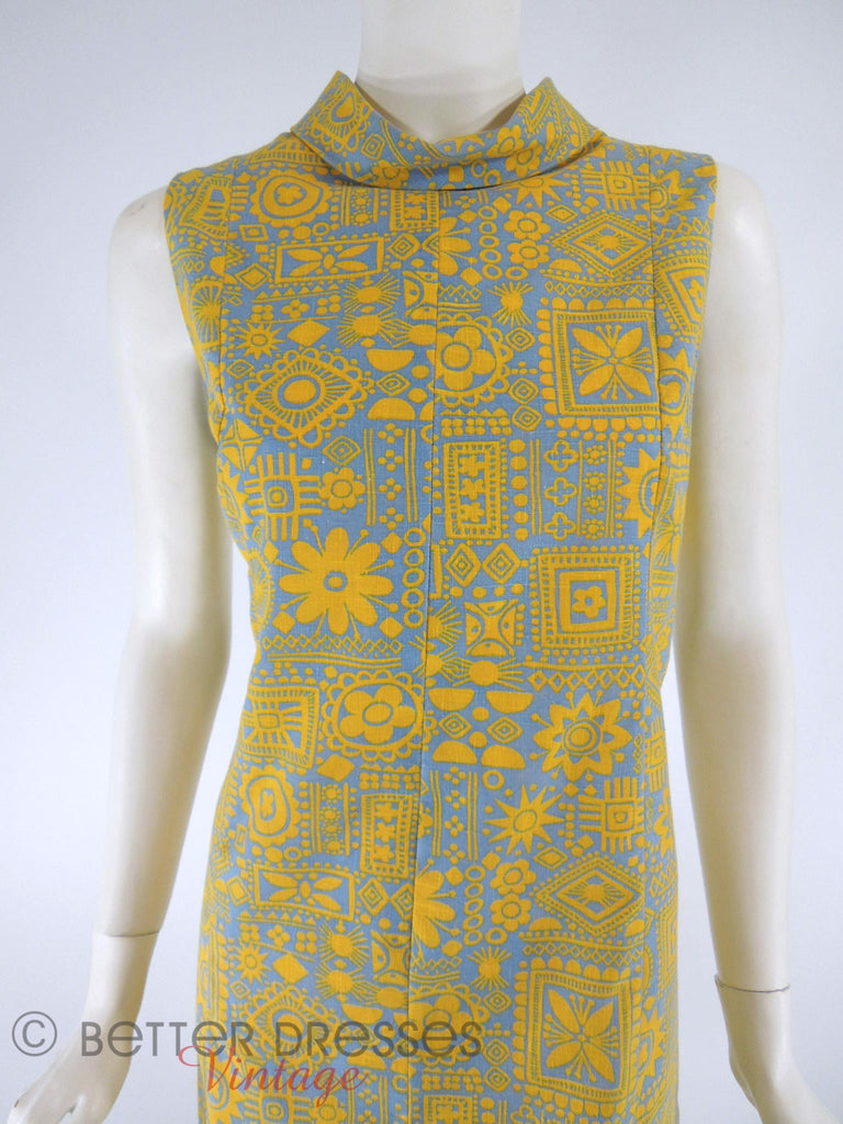 Vtg 60s Yellow on Blue Roll Neck Mod Shift Dress Geometric Floral - med ...