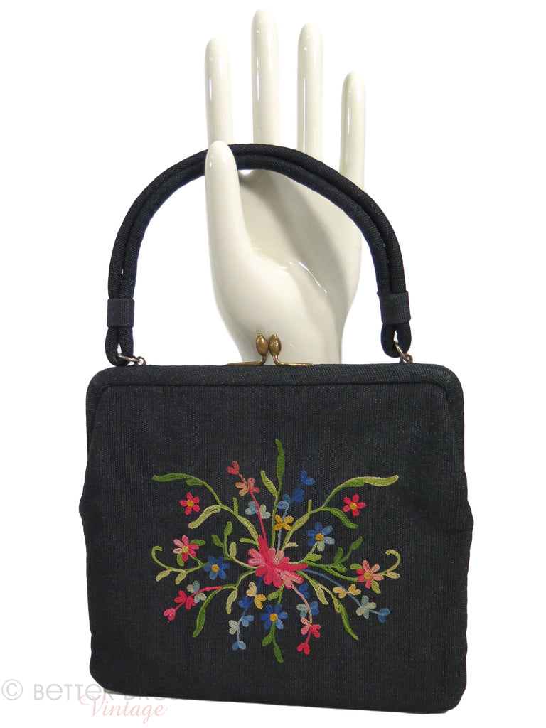 50s Ingber Black Wool Handbag With Crewel Embroidery