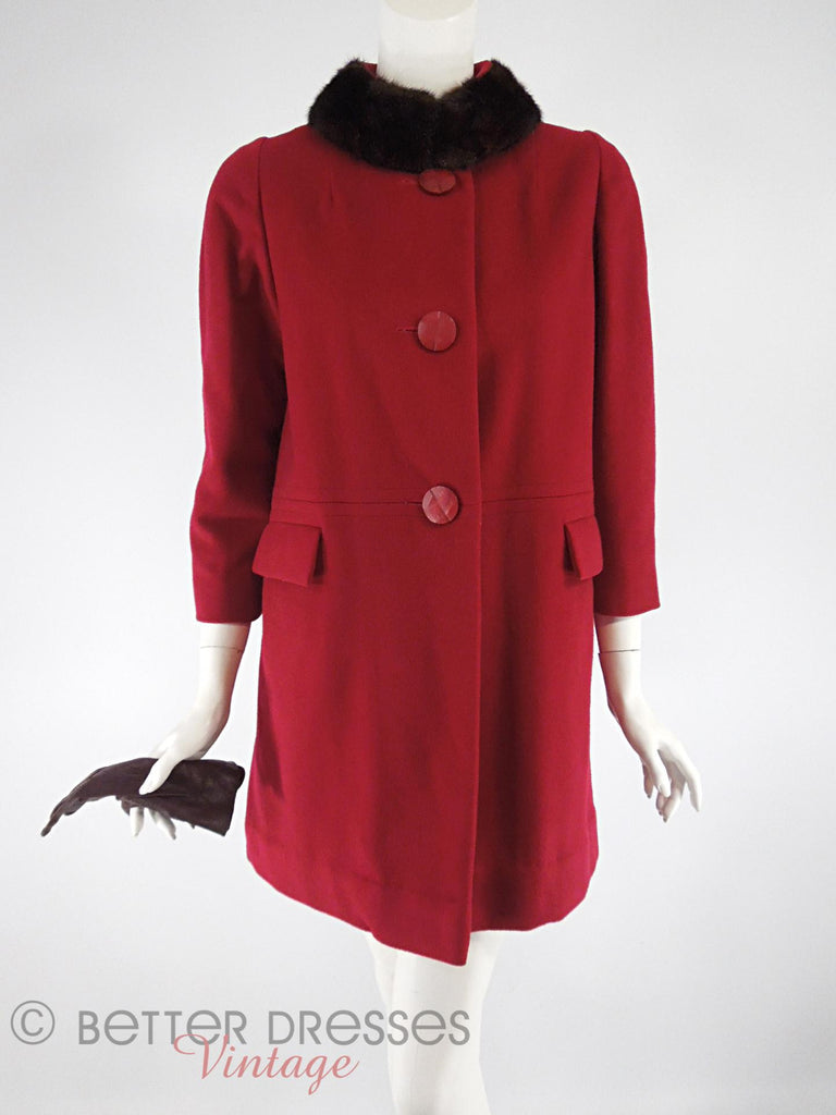 60s Red Wool Coat - mink collar closed