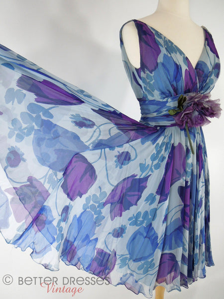 60s Blue and Purple Silk Party Dress - skirt held out