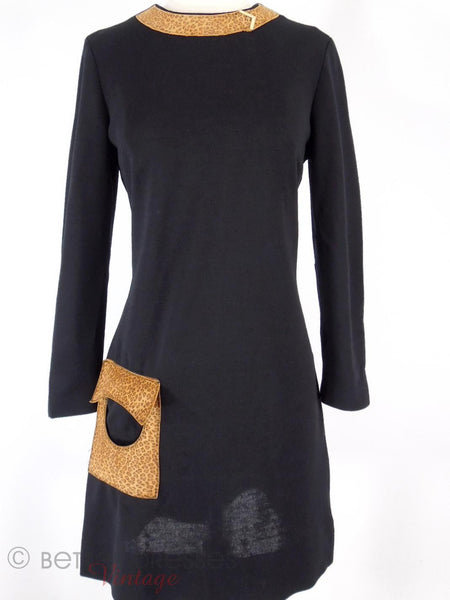 60s/70s Leopard Trim Black Mini Dress - close up