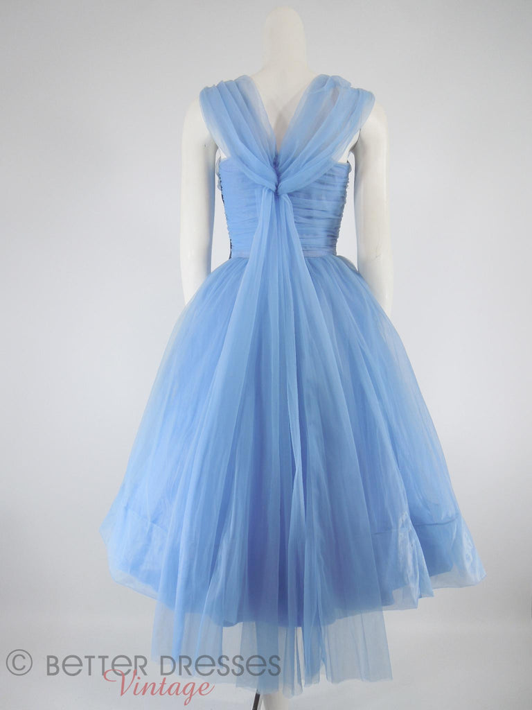 50s Periwinkle Blue Party Dress - back with crinoline