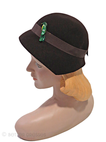 50s Broche Wool Felt Cloche With Bird