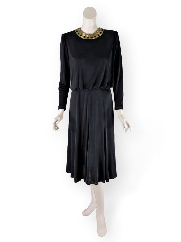 80s Slinky Black Dress With Beaded Collar