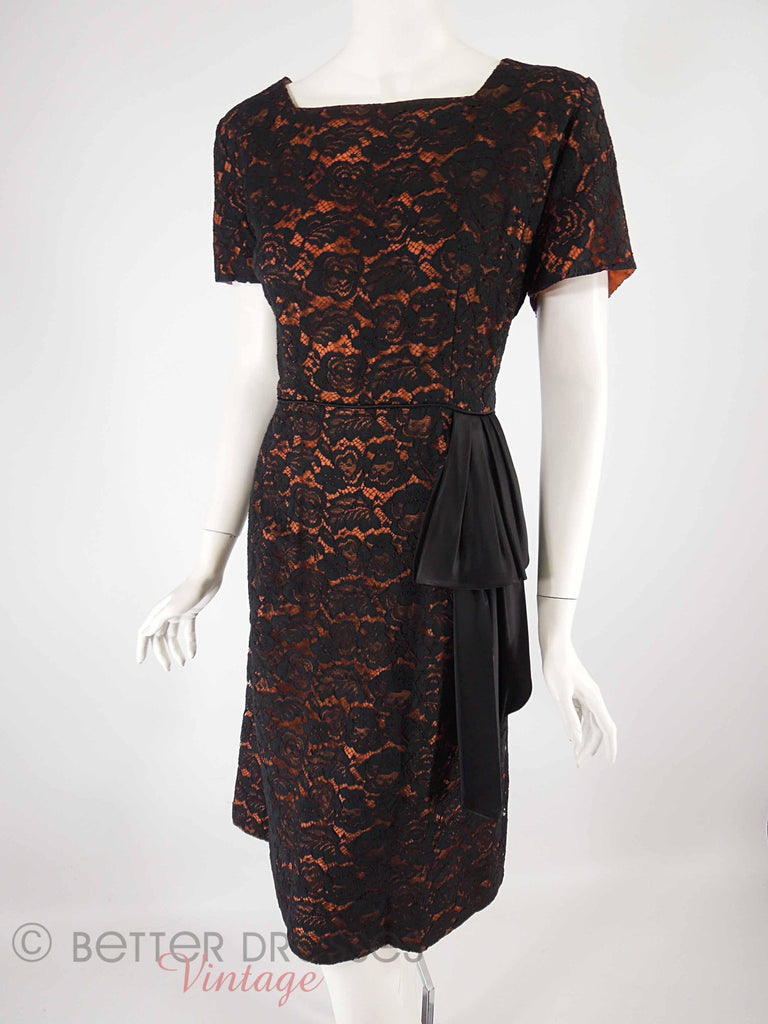 50s Black Lace on Orange Dress - angle view