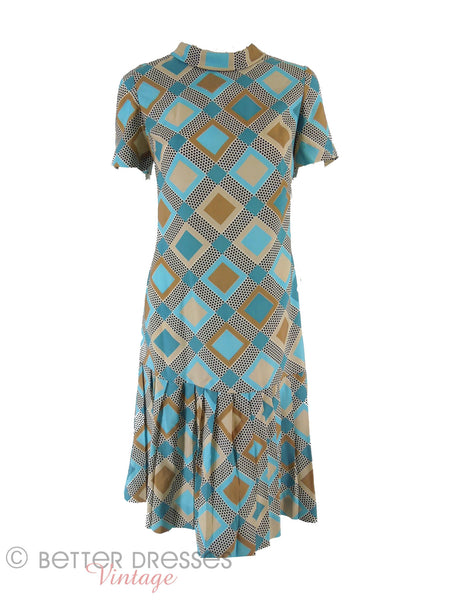 60s Teal and Taupe Drop Waist Dress - front