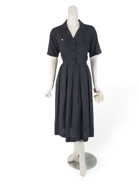 1980s Gray Linen Shirtwaist Dress