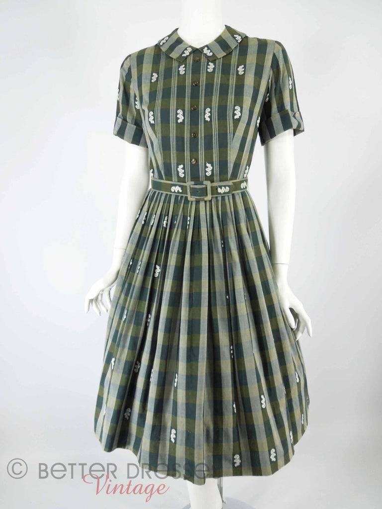 50s/60s Green Plaid Belted Shirtwaist - with crinoline