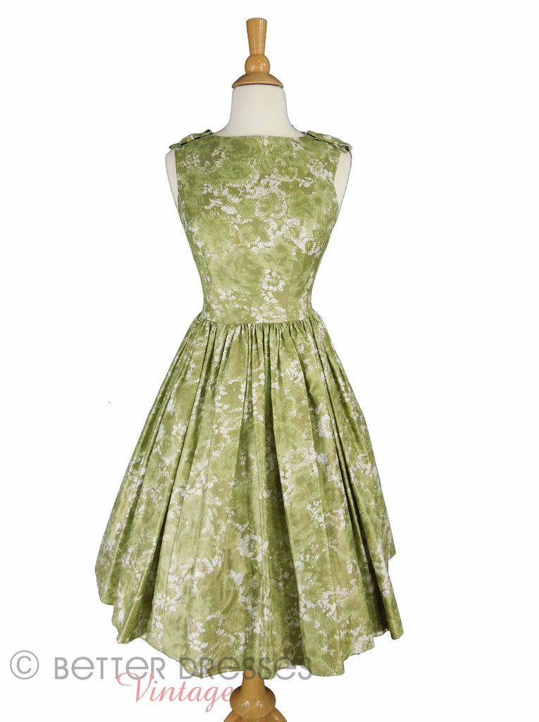 60s Moss Green Full Skirt Dress - front on white