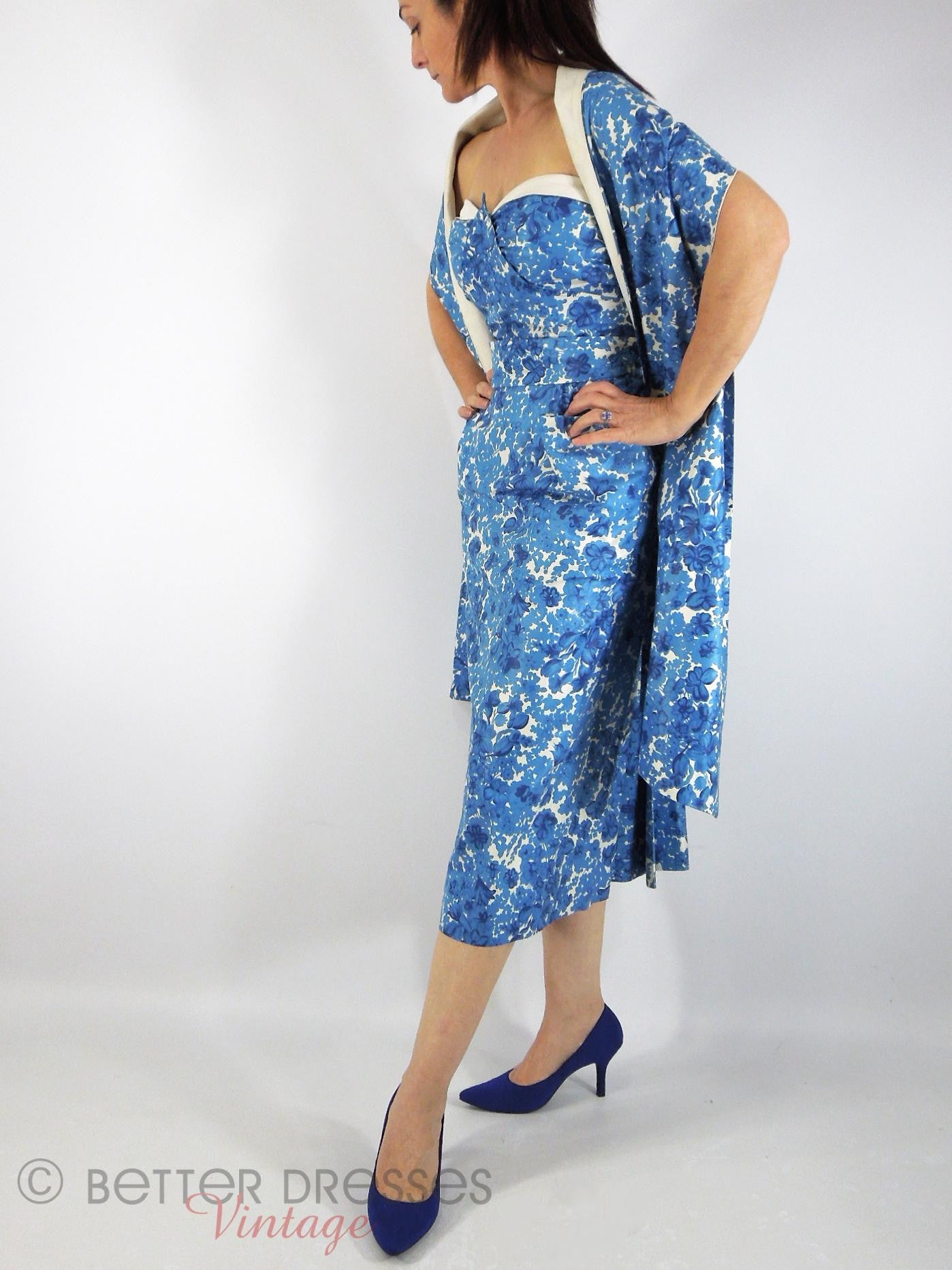 Vtg 40s 50s sheath dress blue floral wiggle with wrap Better Dresses Vintage Vtg 40s 50s sheath dress blue floral wiggle with wrap Better Dresses Vintage