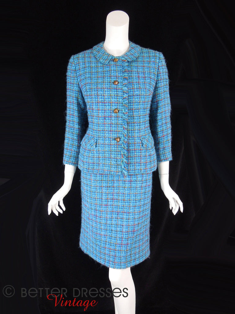 60s Blue Tweed Skirt Suit - full front view