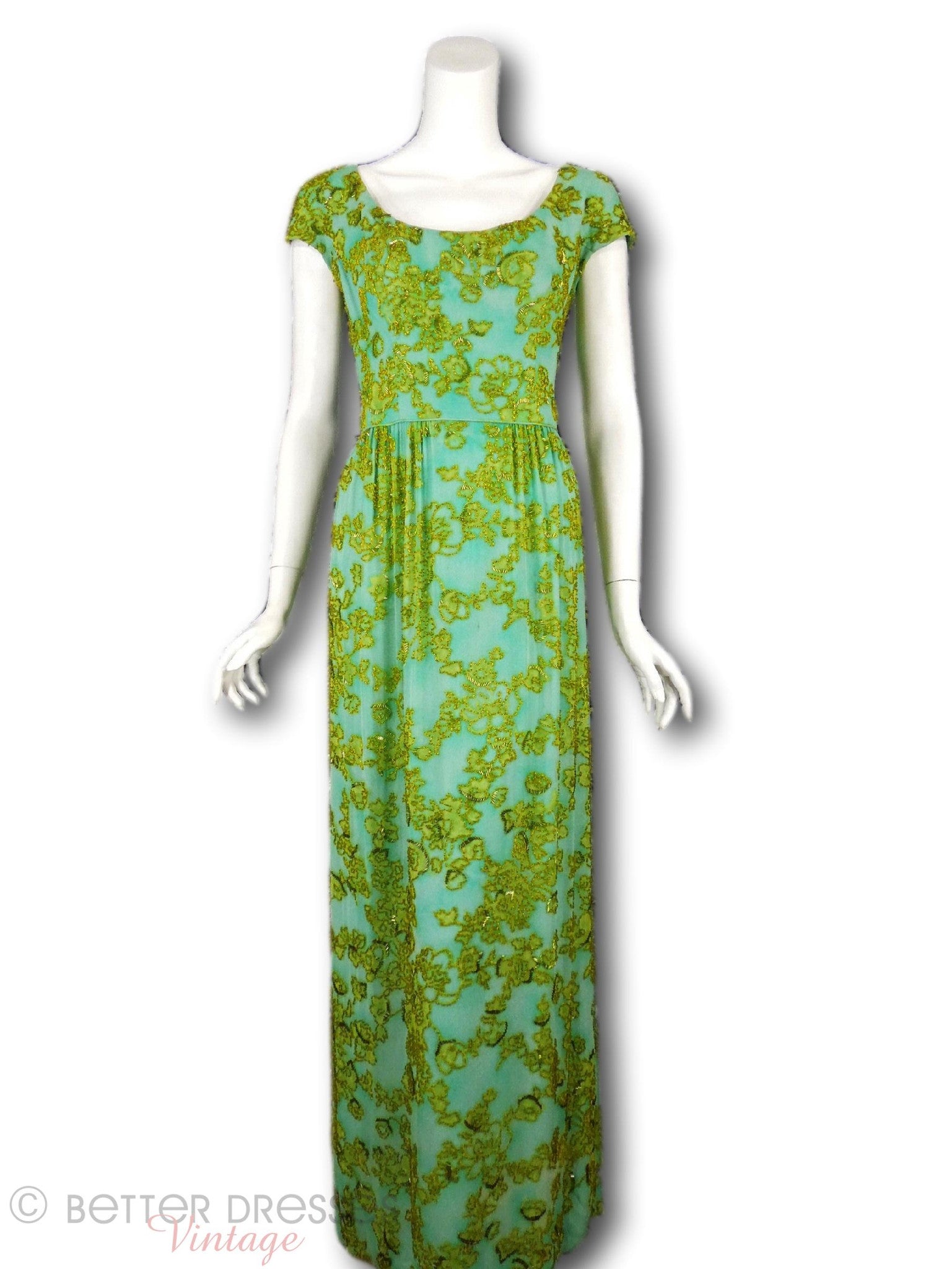 60s Malcolm Starr Beaded Gown Aqua Gold Maxi