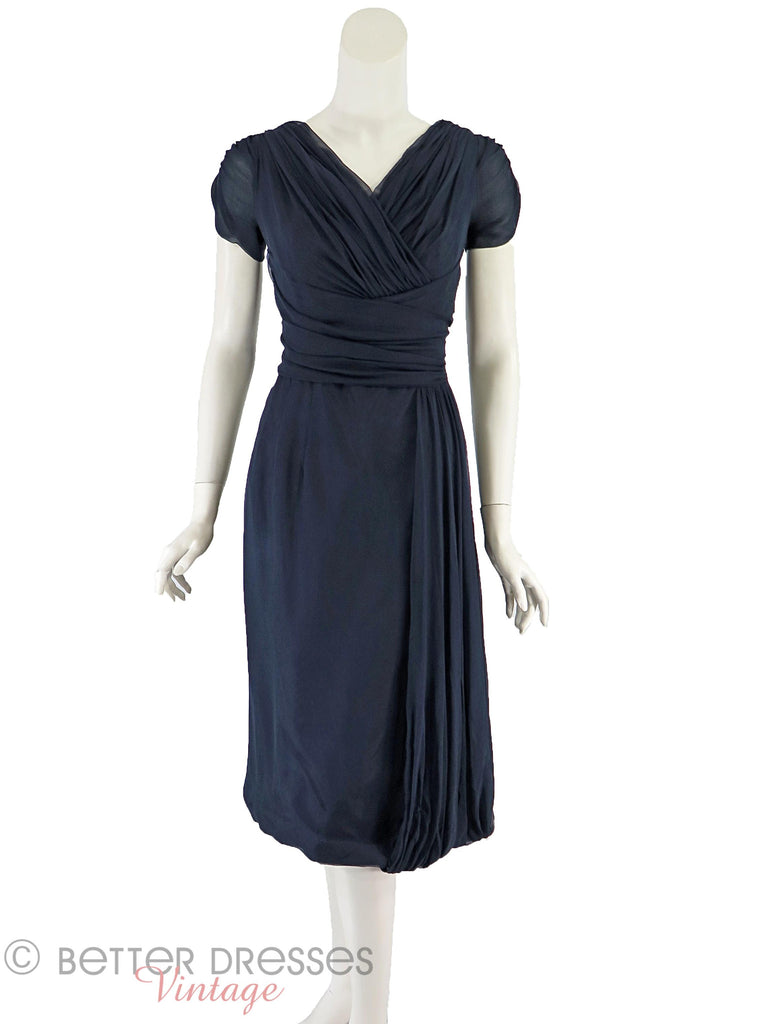 50s Navy Blue Silk Chiffon Dress - front