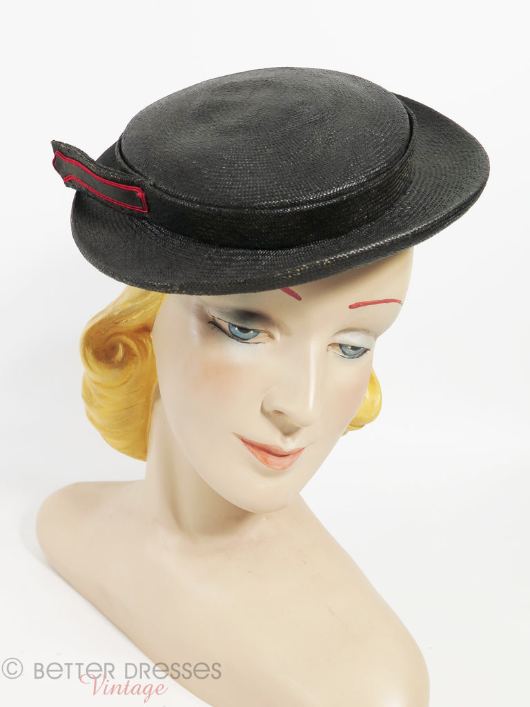 30s Black Straw Boater Tilt Hat