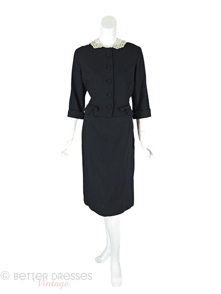 50s/60s Skirt Suit With Lace Collar - full front view