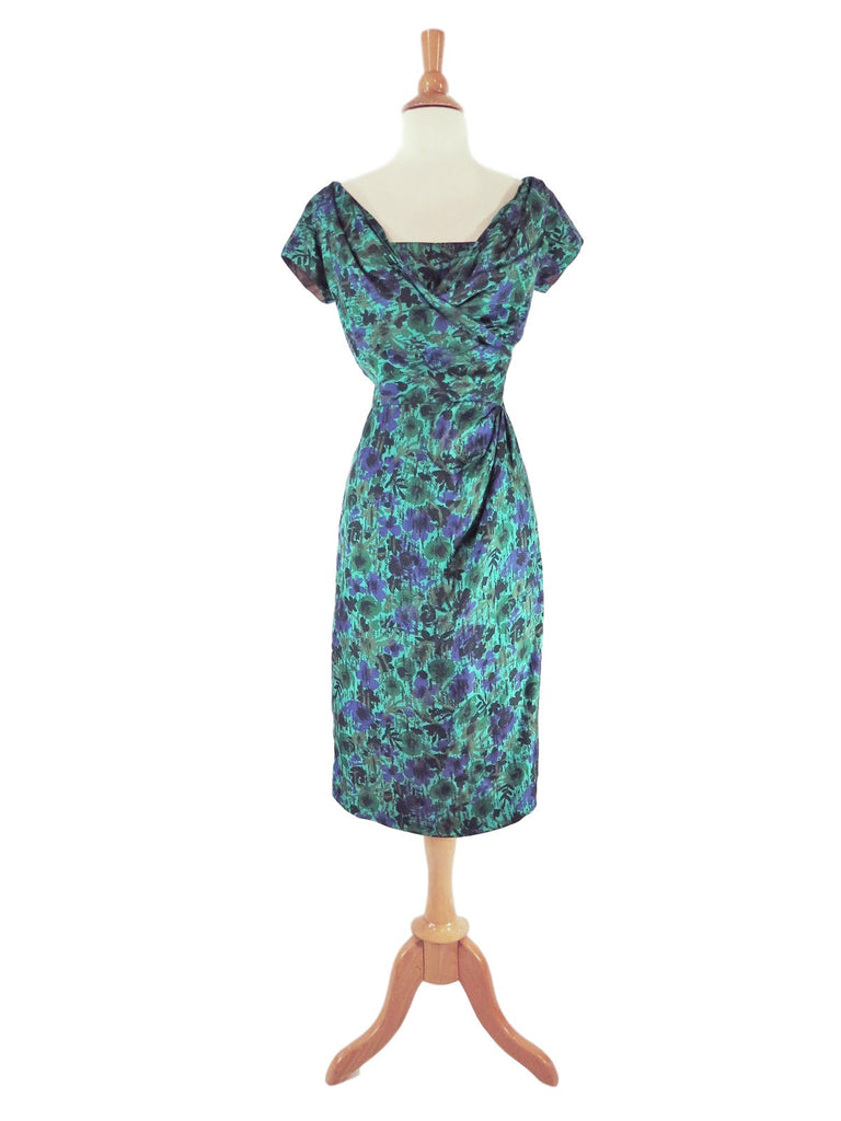 50s Green and Purple Silk Wiggle Dress