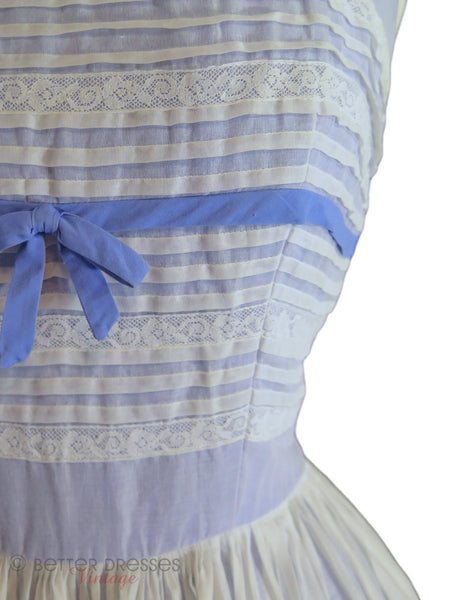 50s White Organdy on Blue Party Dress - detail