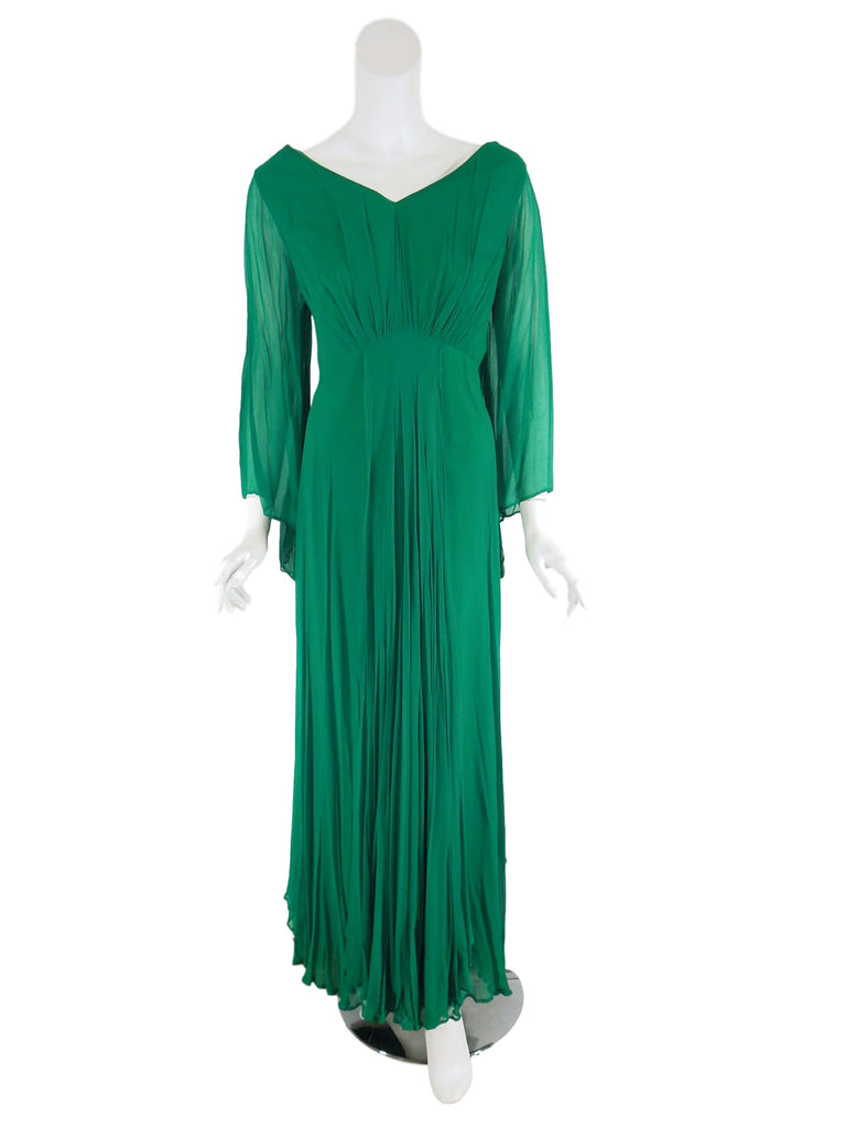 60s Green Plus Size Chiffon Gown - clipped to mannequin