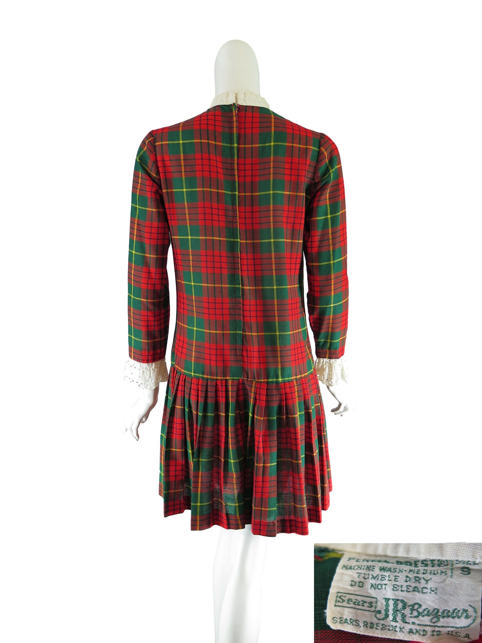60s Red & Green Plaid Scooter Long Sleeve Mini Dress - sm  Better Dresses  Vintage