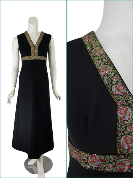60s/70s Black Maxi Dress -- front and detail views