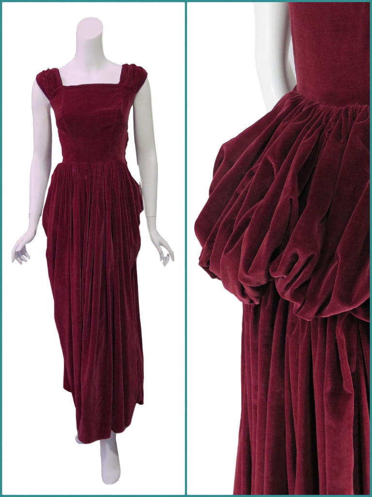 40s Burgundy Velvet Ball Gown With Bustle