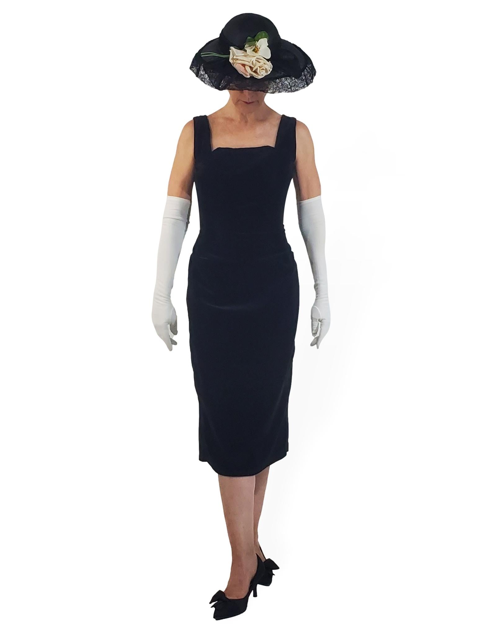 50s Black Velvet Sleeveless Sheath Dress With Pockets - sm Better Dresses Vintage 50s Black Velvet Sleeveless Sheath Dress With Pockets - sm Better Dresses Vintage