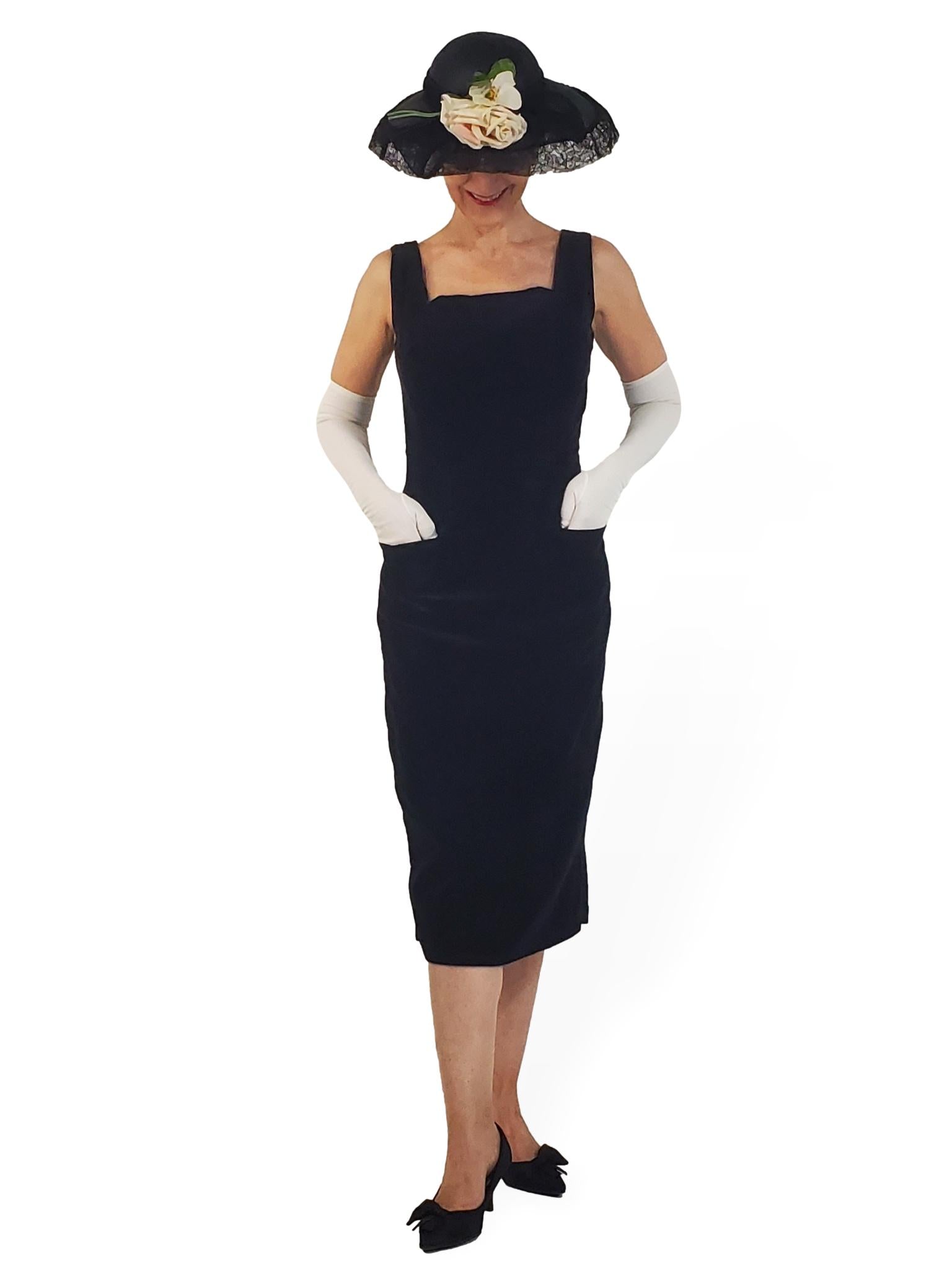 50s Black Velvet Sleeveless Sheath Dress With Pockets - sm Better Dresses Vintage 50s Black Velvet Sleeveless Sheath Dress With Pockets - sm Better Dresses Vintage