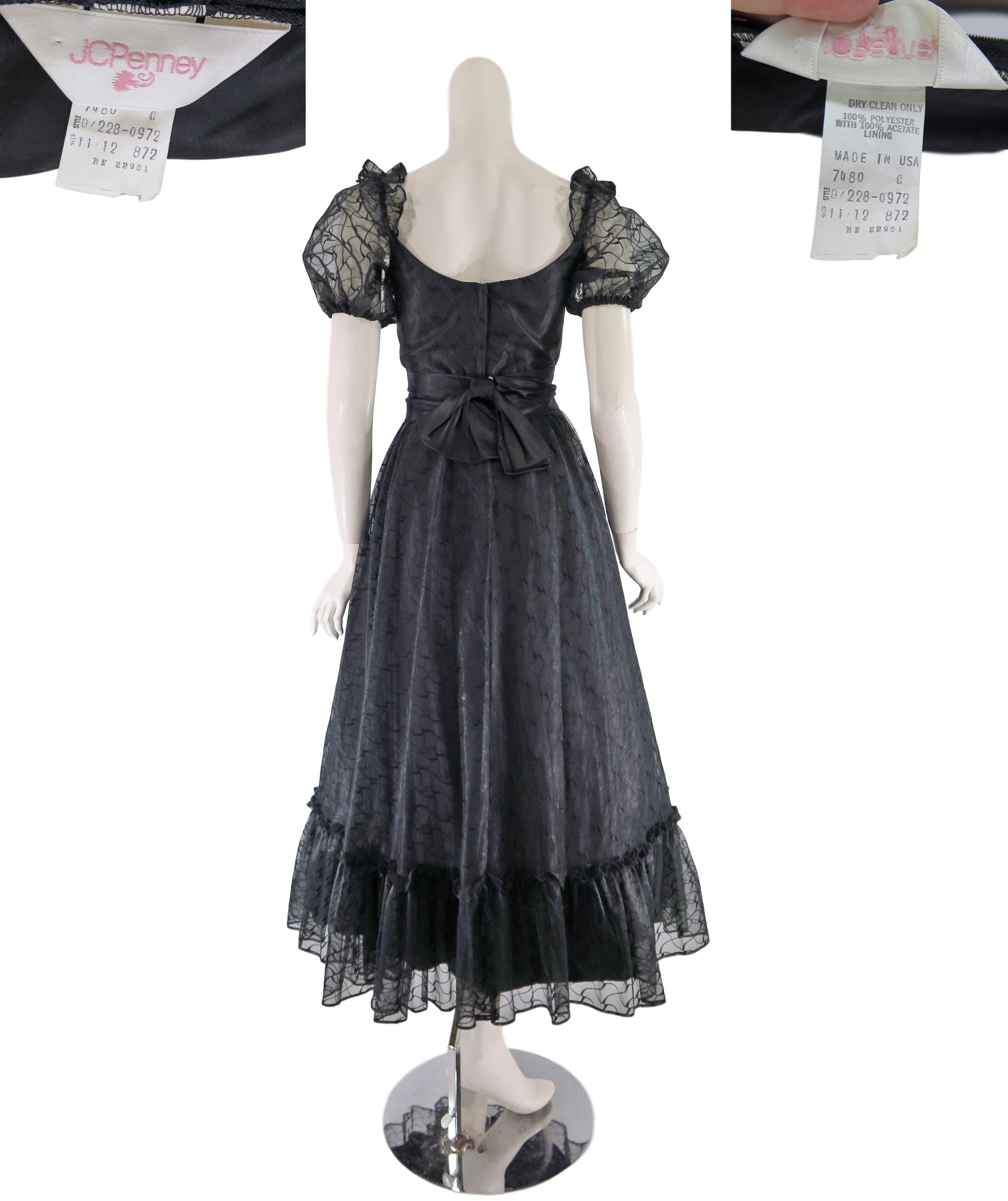 open lace back dress 80s Does 50s Black Party Dress | Full Skirt | Puffed Sleeves