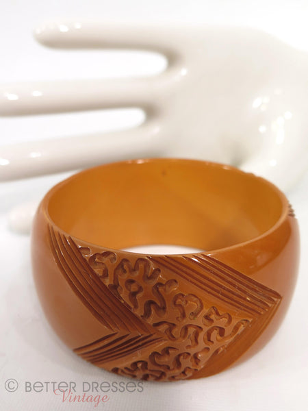 40s Butterscotch Wide Carved Bakelite Bangle - close view
