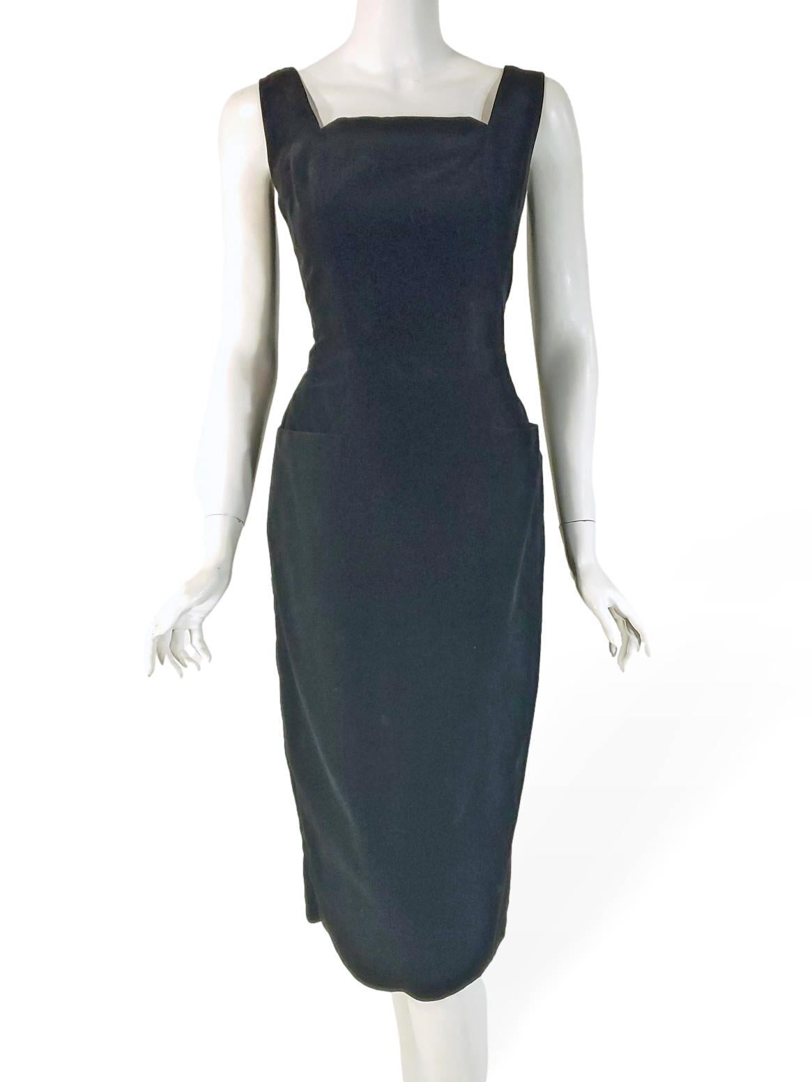 50s Black Velvet Sleeveless Sheath Dress With Pockets - sm Better Dresses Vintage 50s Black Velvet Sleeveless Sheath Dress With Pockets - sm Better Dresses Vintage