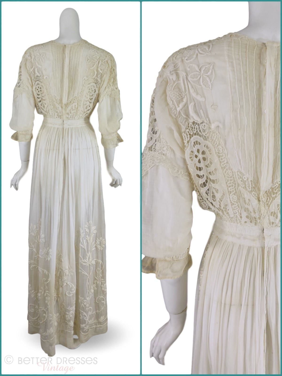 Edwardian White Woven Cotton Muslin Lace Crochet Button Trim Tea Gown Dress