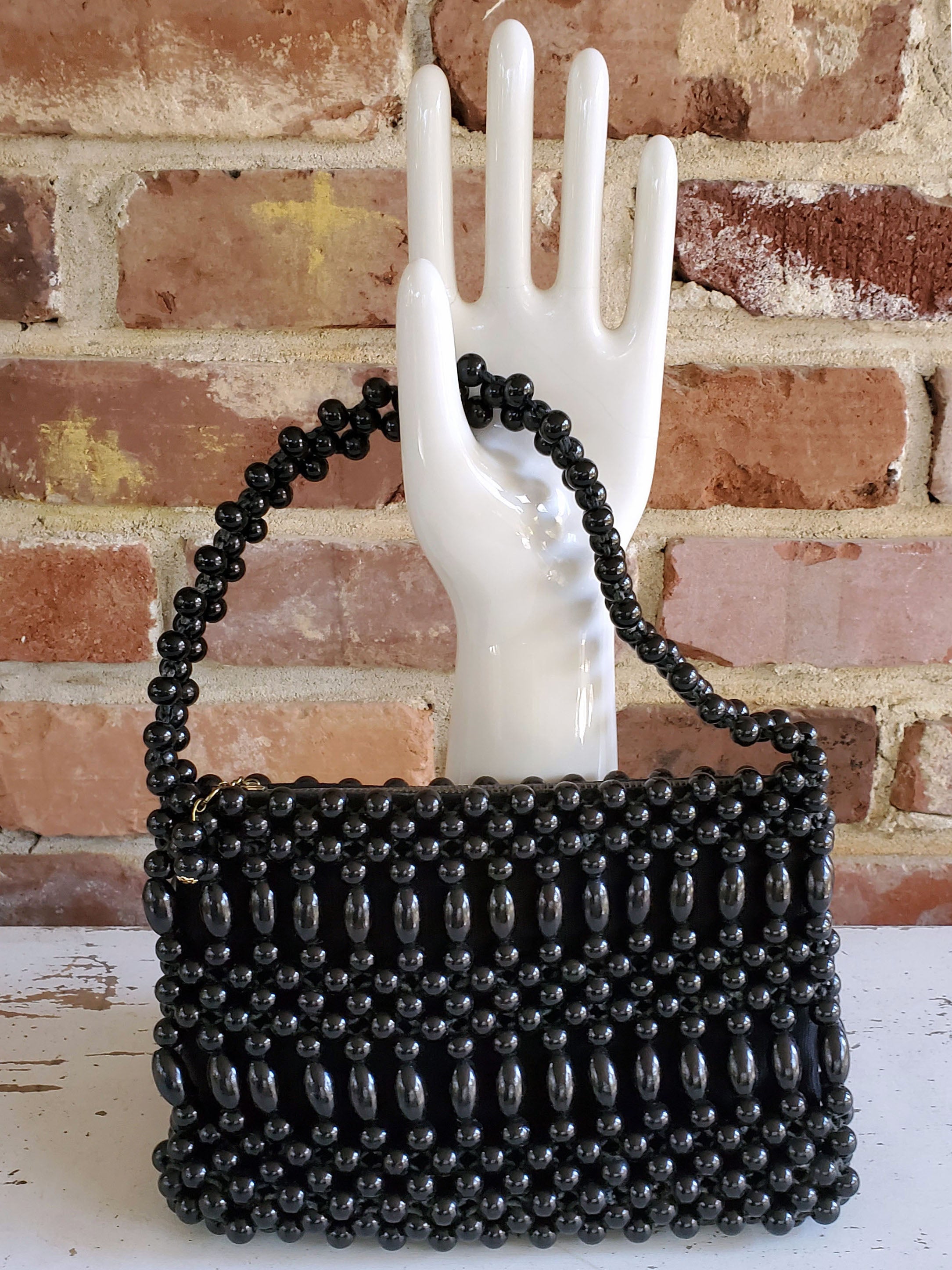 Gate Neck Purse Black Beaded 60s