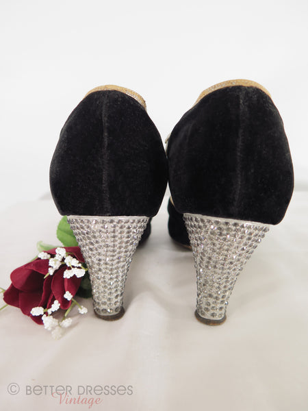 back view of 20s shoes with rhinestone heels