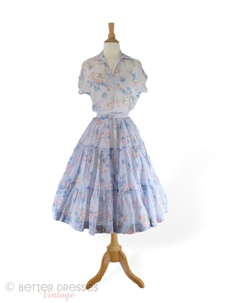 40s/50s patio set or squaw dress in light blue floral cotton