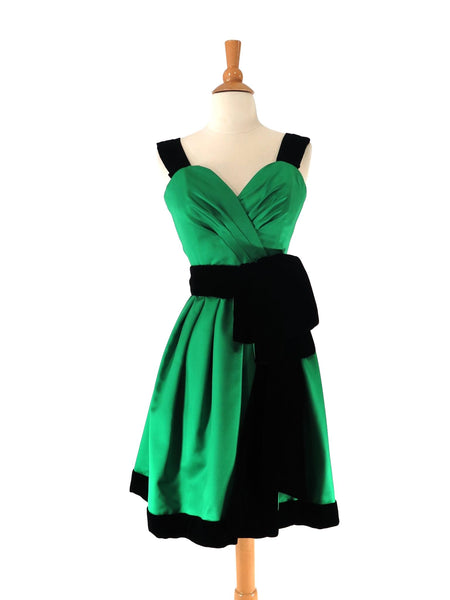 1980s Party Dress in Green Satin and Black Velvet