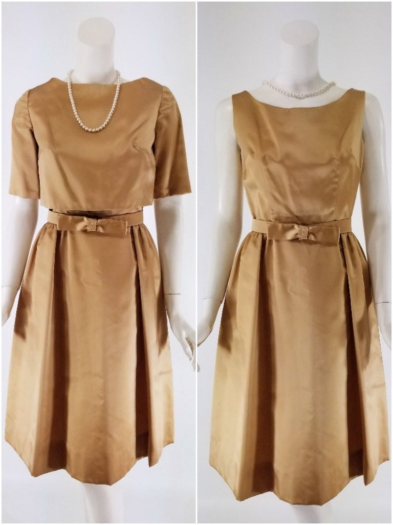50s/60s Golden Taupe Satin Dress and Cropped Jacket Set
