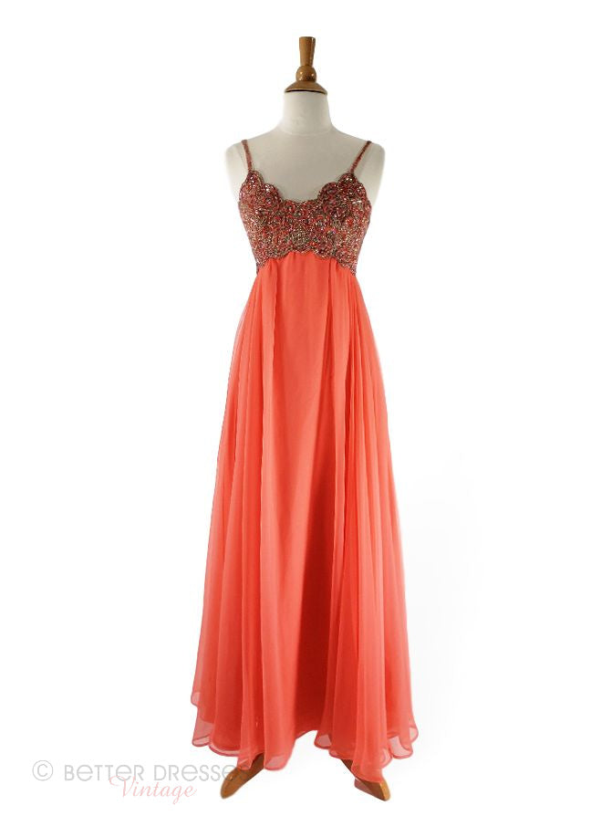 60s/70s Gown in Peach Chiffon by Mike Benet Formals Better Dresses Vintage 60s/70s Gown in Peach Chiffon by Mike Benet Formals Better Dresses Vintage