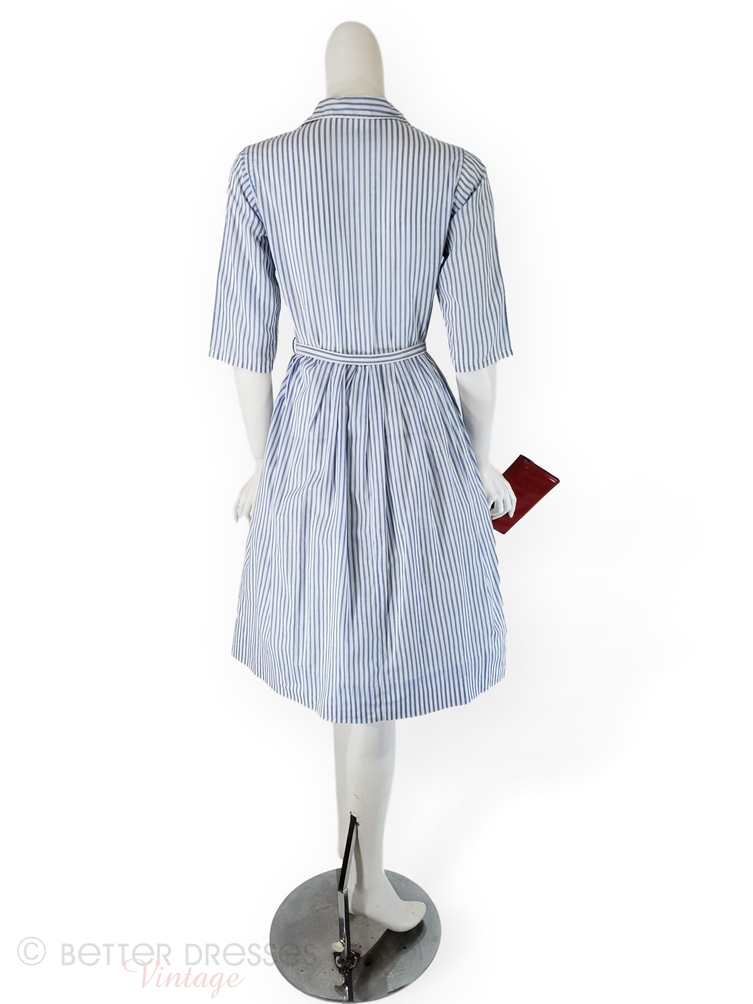 blue and white striped shirt dress with leather belt, vintage