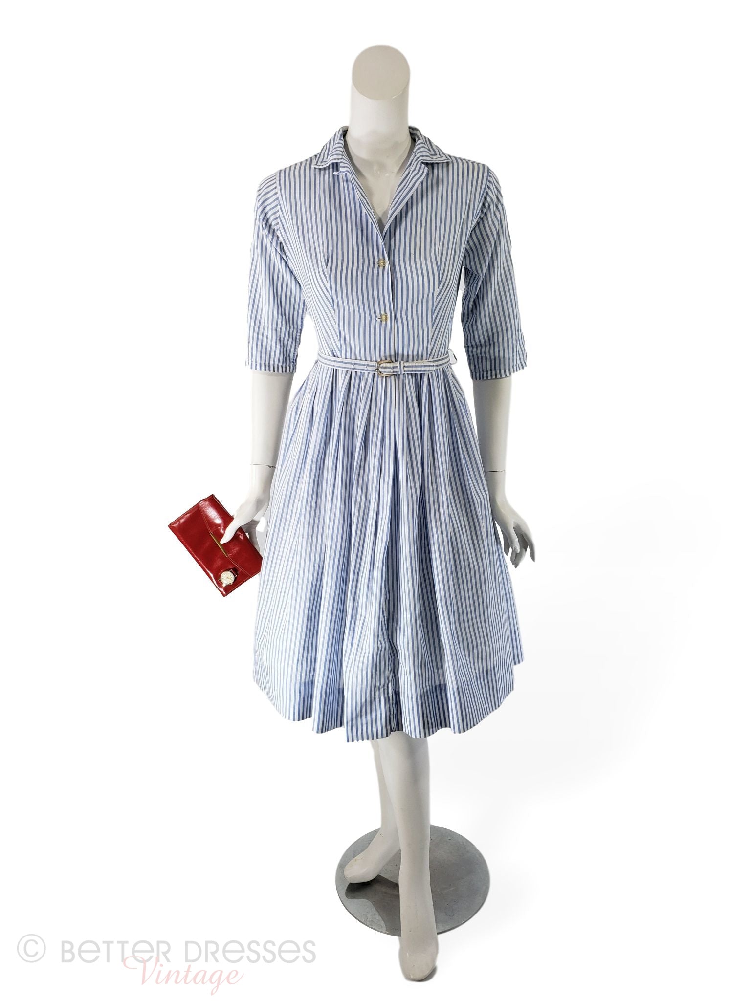 blue and white striped shirt dress with leather belt, vintage