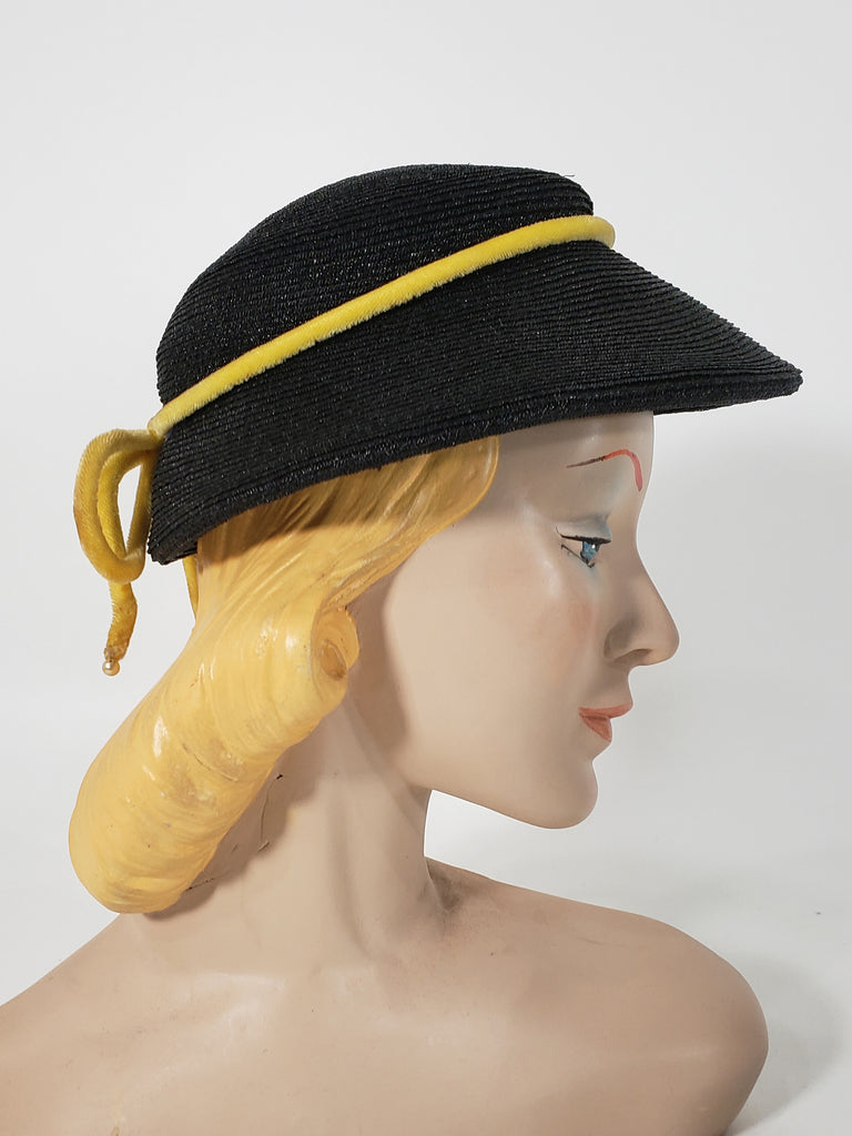 50s Black straw hat with yellow trim