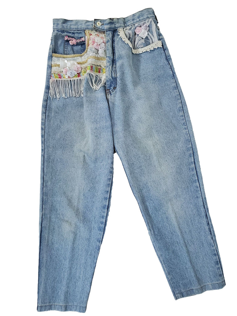 80s High Waisted Jeans, Embellished - med