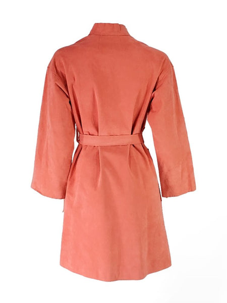 back view of 70s/80s wrap jacket in peach ultrasuede
