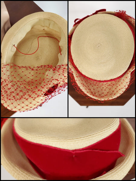 Vintage Classic Red Straw Hat with Cream Band Cream Straw Hat, Red Pleated Band, Summer Unisex Style, Size  main image 4