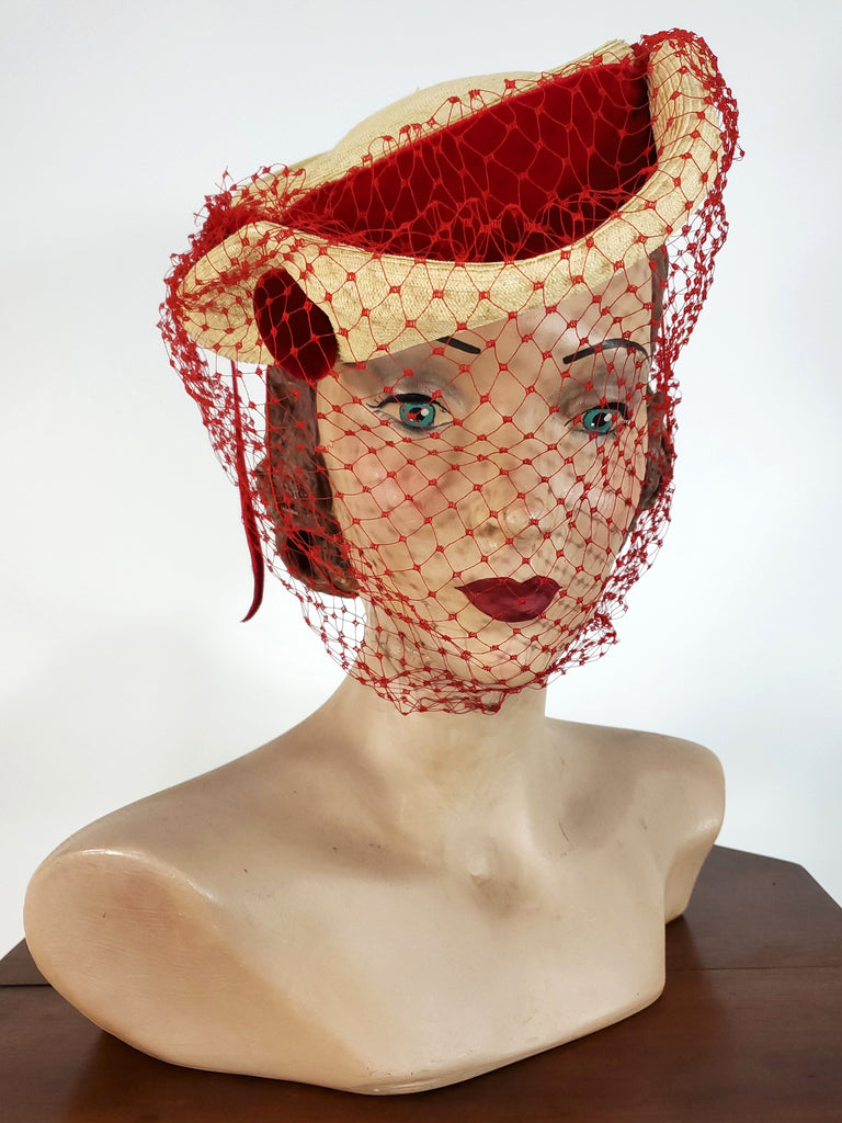 40s Veil Hat in Cream Straw and Red Velvet