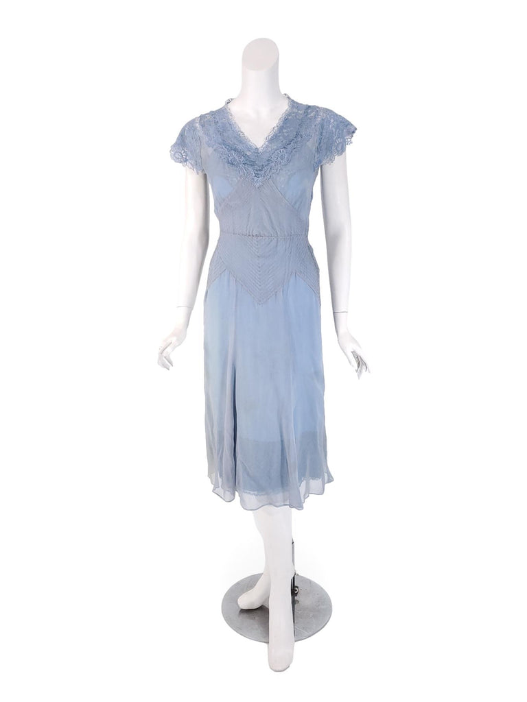 1930s Dress in Blue Silk Chiffon