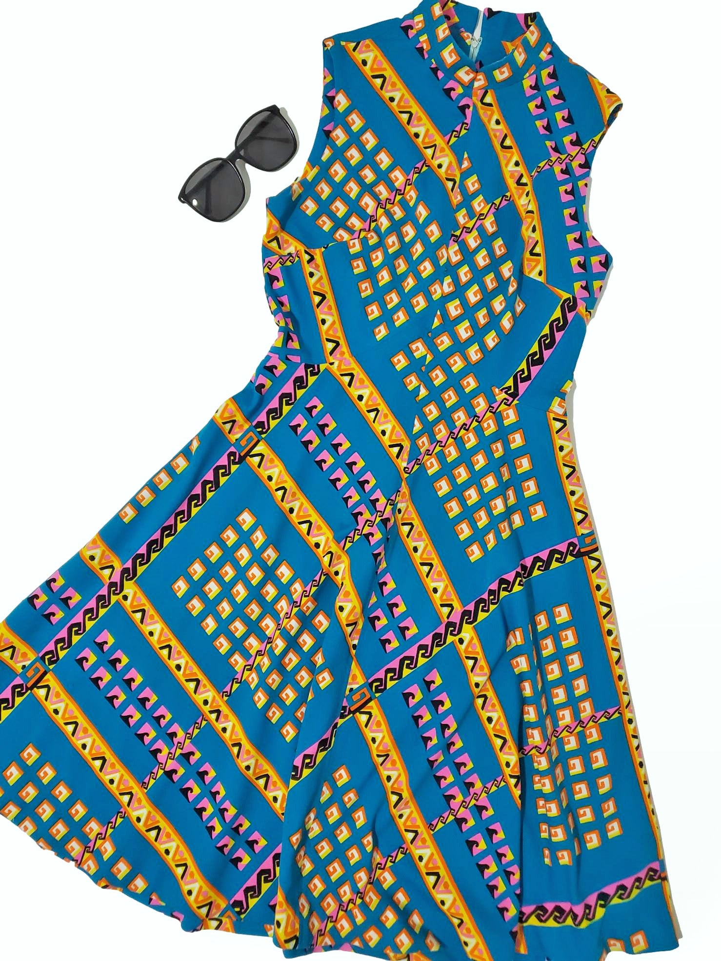 70s Sleeveless A-line Dress in Bright Op Art Print on Teal - sm, med 70s Sleeveless A-line Dress in Bright Op Art Print on Teal - sm, med
